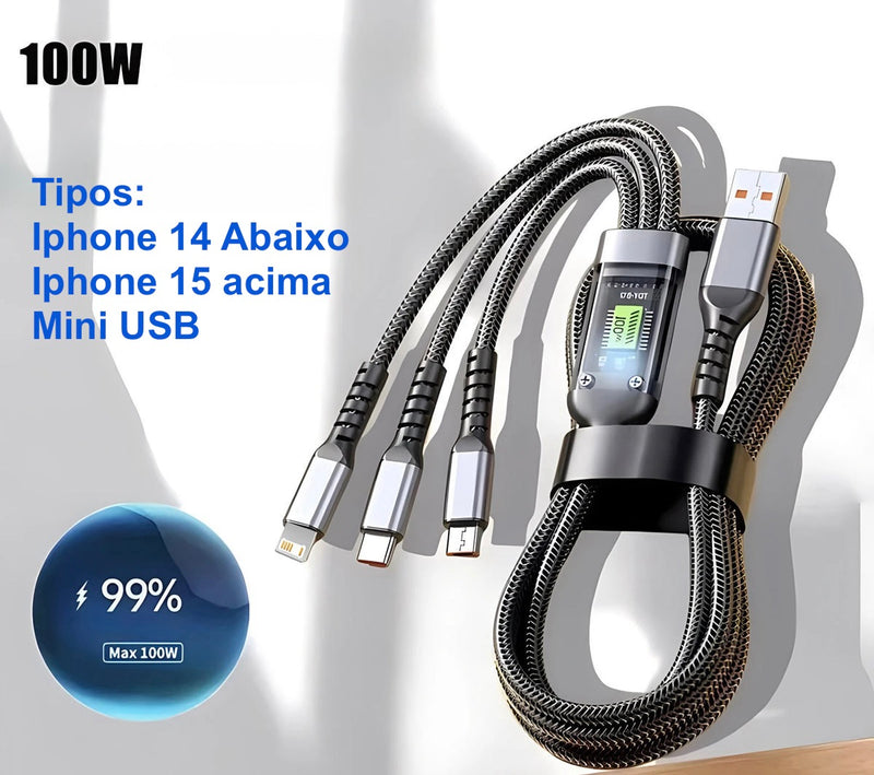 Super Cabo Carregamento Rápido 100w 3x1 USB