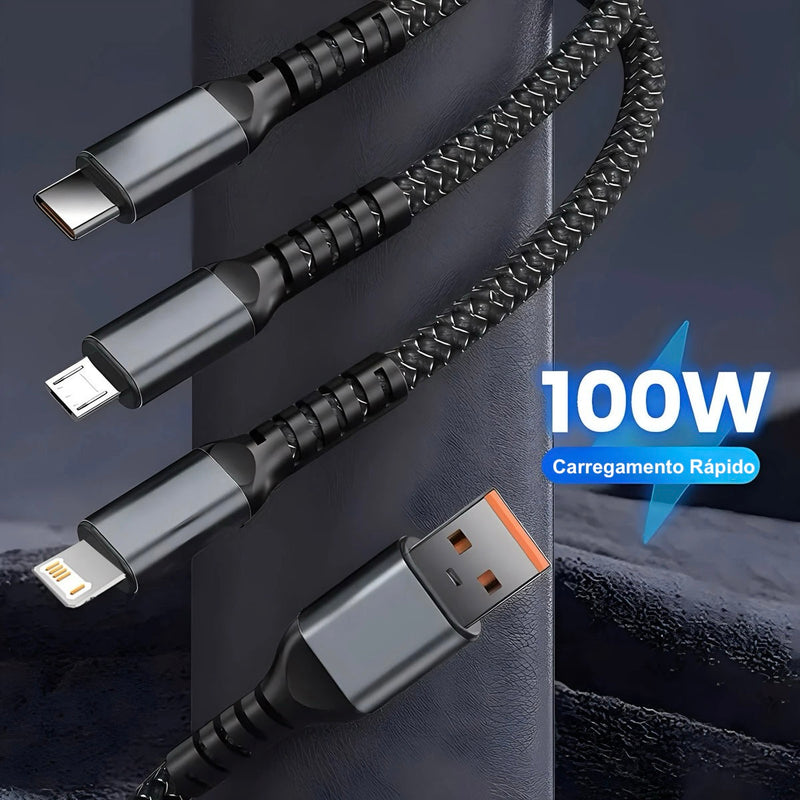 Super Cabo Carregamento Rápido 100w 3x1 USB